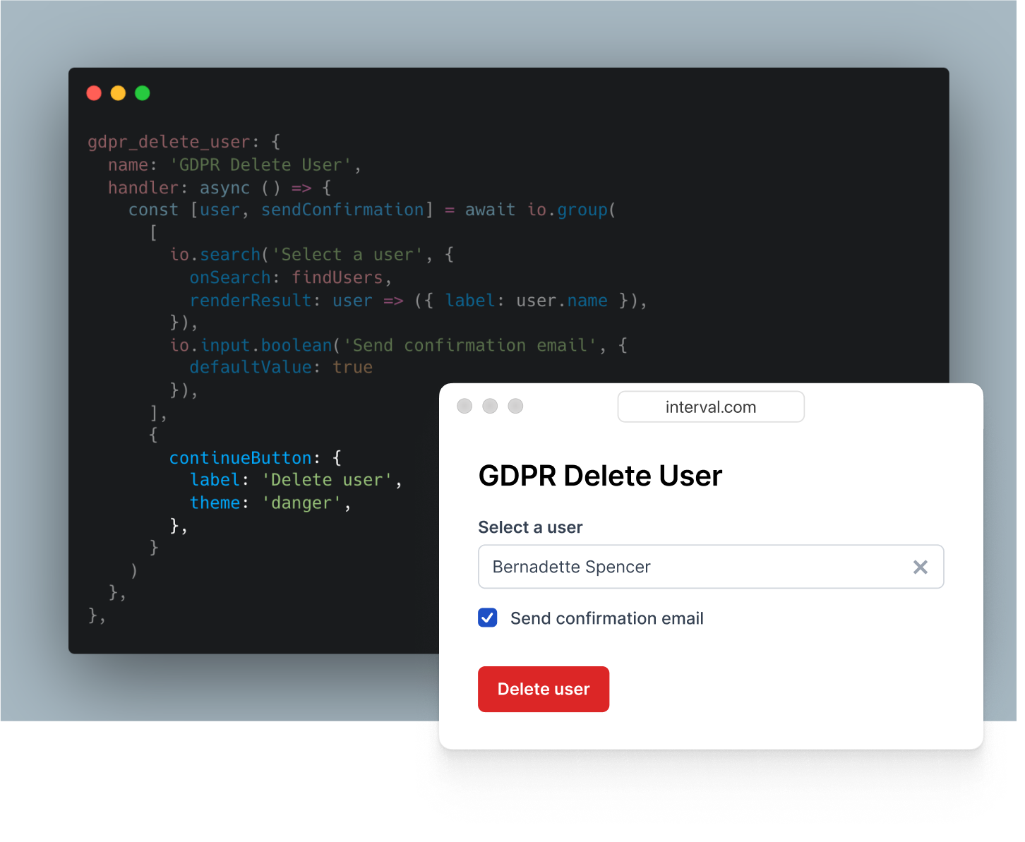 A form called 'GDPR Delete User' with a red button that says 'Delete user'.